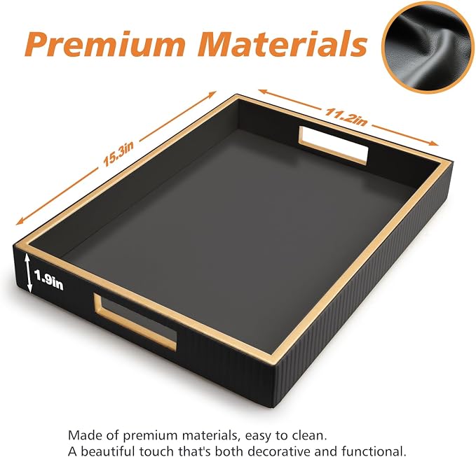 SANZIE Leather Tray Desktop Storage Organizer Premium Serving Tray Decorative Tray Valet Tray for Sundries Cosmetics Phone Wallet Cutlery (Black Holder)