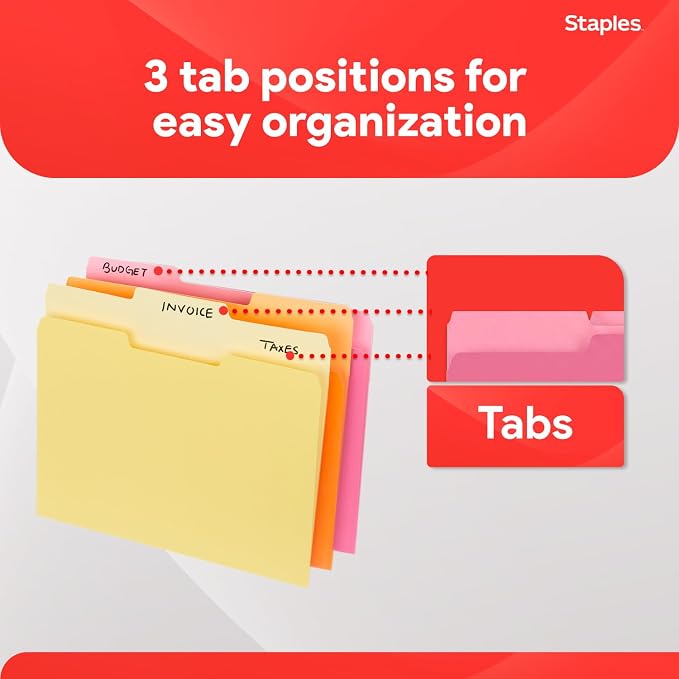 Staples File Folders, Letter Size, 1/3‑Cut Tabs, Assorted Colors, Durable 10.5‑Point Paper Stock, 100/Pack