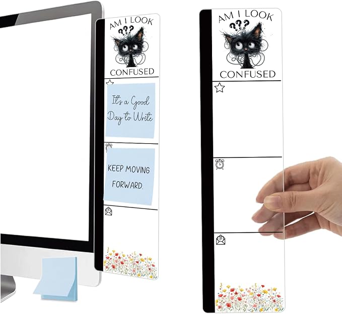 Monitor Memo Board Acrylic Sticky Note Holder Funny Confused Black Cat Office Desk Decor with 100 Self Stick Note Pads Am I Look Confused Quote