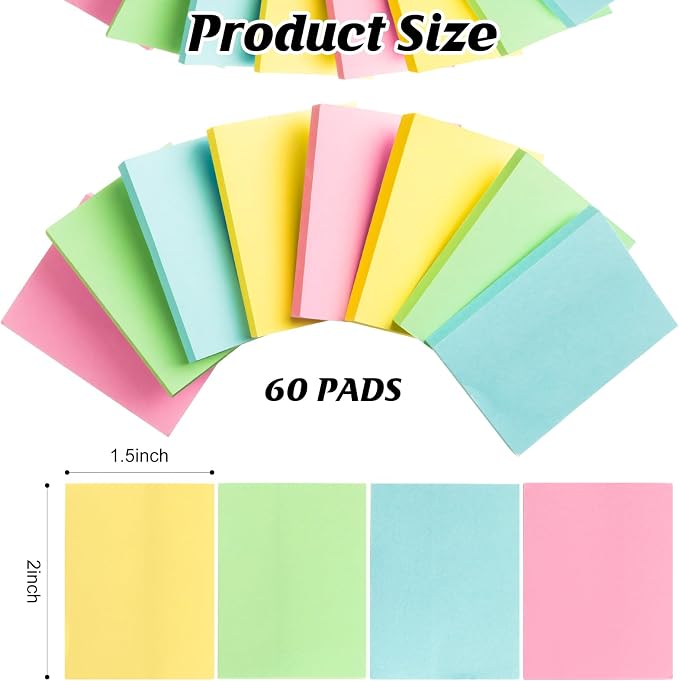 60 Pads Sticky Notes Bulk 1.5 x 2 Inch Mini Self Stick Note Small Assorted Bright Colors Paper Memo for Office School Notebook Supplies 50 Sheets/pad (Classic Color)