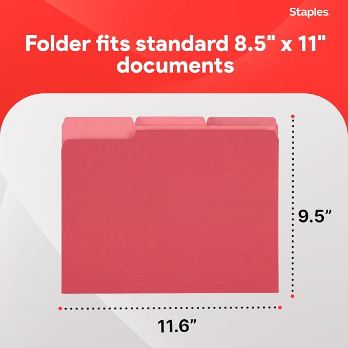 Staples File Folders, Letter Size, 1/3‑Cut Tabs, Red, Durable 10.5‑Point Paper Stock, 100/Pack