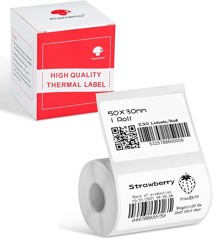 Phomemo Thermal Sticker Label Paper for M120/M110/M220/M250/M150 Label Maker Machine, Multi-Purpose Self-Adhesive Tag 1.96'' x 1.18"(50X 30mm), 230 Labels/Roll,Black on White