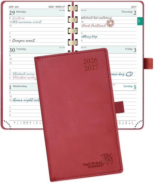 POPRUN Pocket Planner 2026-2027, Small 3.5''x6.5'' Academic Pocket Calendar | Weekly Planner, Purse Calendar Book(July 2026 - June 2027) with Hourly Time Slots, Spiral Soft Cover - Burgundy
