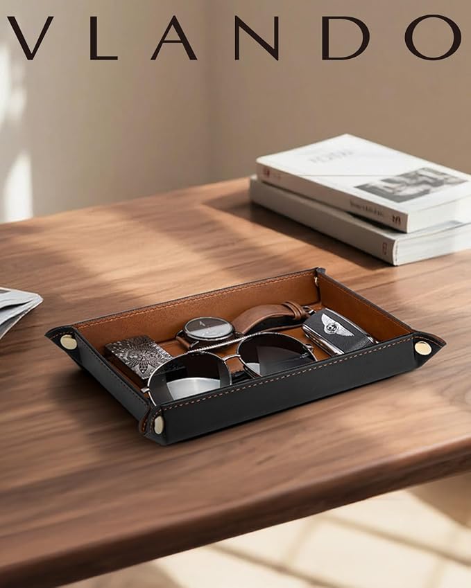 VLANDO Travel Valet Tray for Women, Foldable PU Leather, Light Brown | Travel Catchall Tray, Jewelry Tray and Dresser Organizer for Keys, Wallet, Watch, Glasses, Rings and Small Accessories