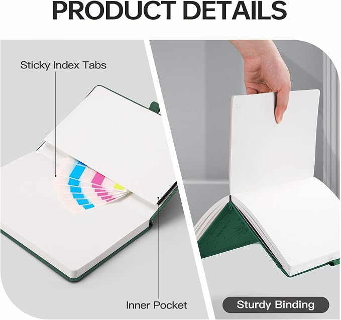 EMSHOI Graph Grid Journal Notebook, 192 Pages, A5 Size (5.7'' x 8.3'') | Leather Hardcover, 100 GSM Thick Paper, for School, Note Taking, Math, Engineering, Sun Debossed (Dark Green)
