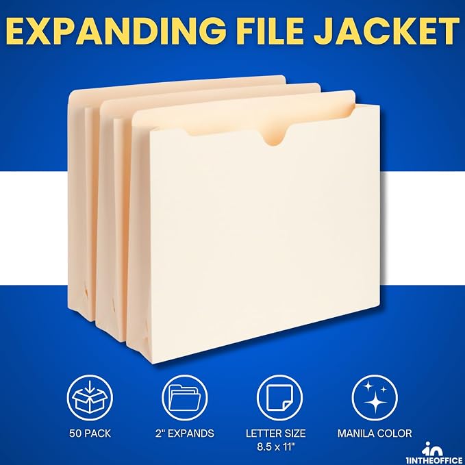 1InTheOffice Manila Expanding File Folders Jacket, 2", Letter, 50 Pack (2 Inch)