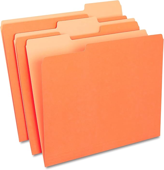 Staples File Folder, Letter Size, 1/3‑Cut Tab, Orange, Durable Paper Stock, 200/Carton