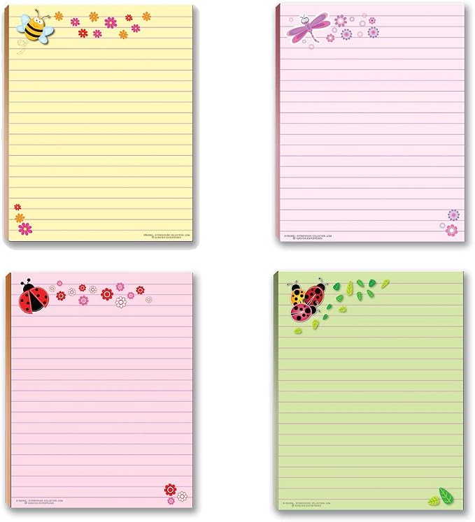 Cute Notepads - 4 Assorted Pads - USA Made - Ladybug, Bee, Butterfly, Dragonfly - Fun Small Gift