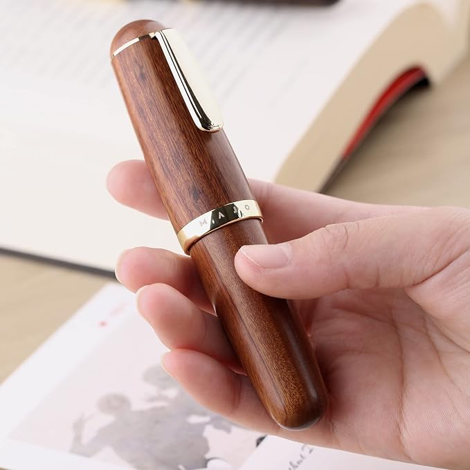 Majohn Q1 Fountain Pen Extra Fine Nib Brown Wood, Little Fat Man Eyedropper Filling Pocket Pen Large Capacity