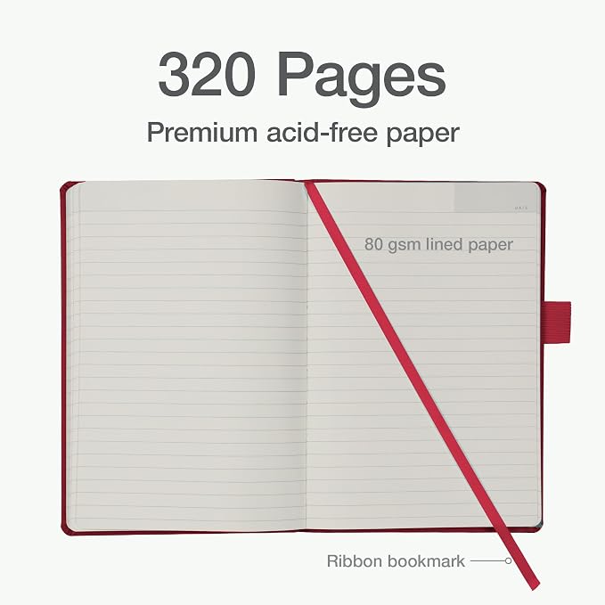 Oxford Premium A5 Journal Notebook, 5" x 8", 320 Lined Pages, Red Hardcover, Elastic Closure, Ribbon Bookmark, Pen Loop, Writing Notebook, Journal for School, Office, and Home (1017293)