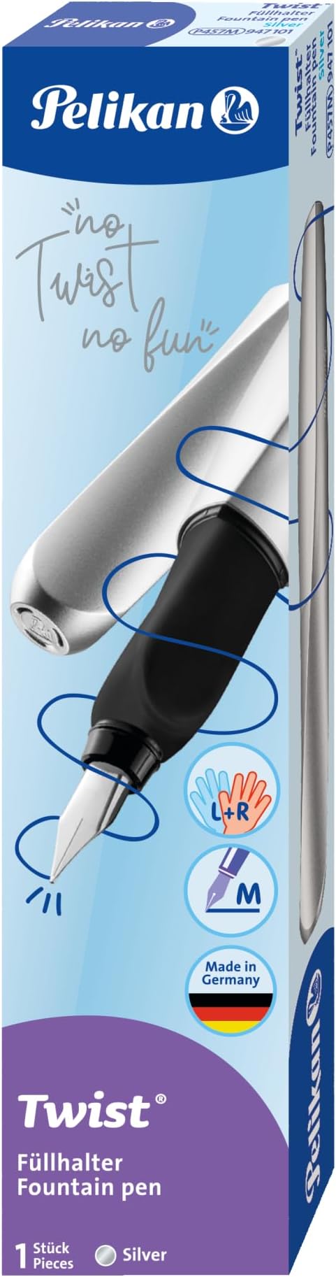 Pelikan Twist Fountain Pen with 1 Ink Cartridge, Medium Nib, Silver, Boxed (947101)
