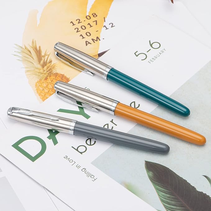 3 Jinhao 86 Fountain Pen Set (Malachite Blue, Khaki and Gray Resin) Extra Fine Nib with Refillable Ink Converter