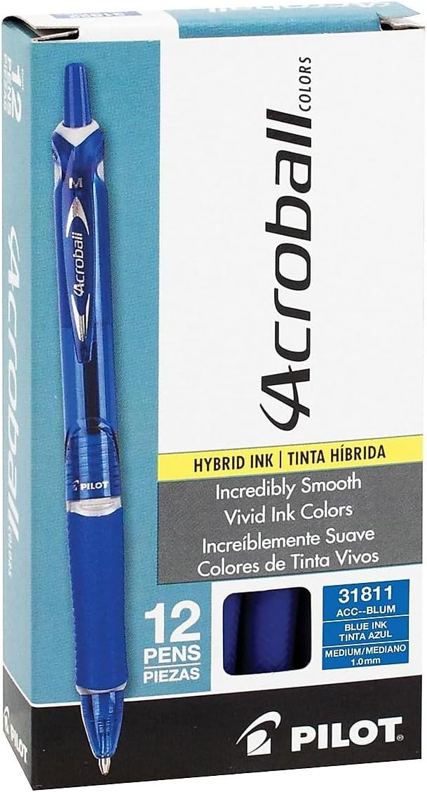 Pilot Acroball Colors Advanced Ink Refillable & Retractable Pens, Ball Point Pens, Medium Point, Blue Ink, 1.0mm, 12-Count