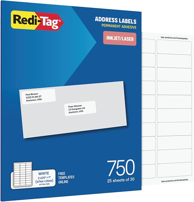 Redi-Tag Printable Address Labels, Customizable Stickers, 1" x 2-5/8", White, 750 Blank Mailing Labels for Inkjet and Laser Printers (1009573)