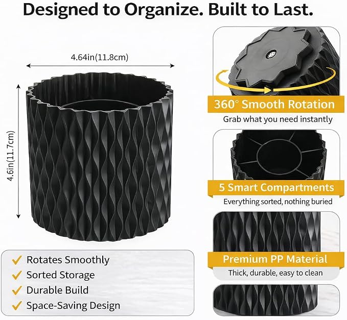 Black Pen Holder for Desk, 360° Rotating Pencil Organizer, 5 Slots | Spinning multi-use organizer for pens, makeup brushes, art supplies, markers - desk caddy for office