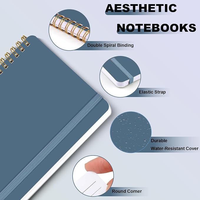 4 PCS Small Spiral Notebook 5x7, Spiral Journal Notebook, Notebooks for Work, School, Small Notebooks 5x7 with Strap, Cute Notebooks for Women 50 Sheets (Blue)
