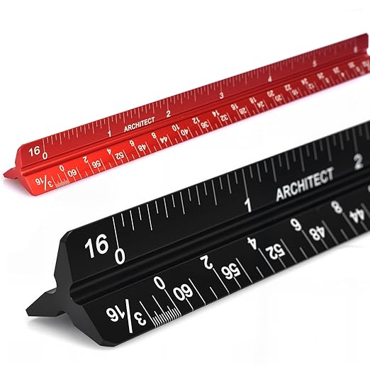 6 Inch Architectural Scale Ruler, Laser-Etched Aluminum Triangular Ruler Set (Red & Black) - Imperial Scale for Architects, Engineers, Students & Draftsmen - 2-Pack