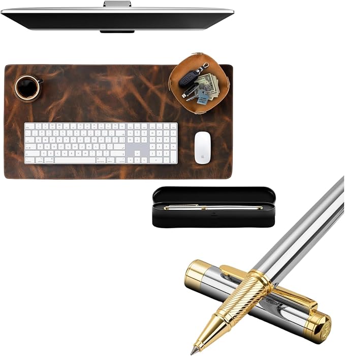 ELIZO Luxury Rollerball Pen & 2-Layer Leather Desk Mat Bundle – 24K Gold Trim Executive Pen with Schmidt Ink & Large 3mm Desk Pad Blotter for Office, Keyboard & Laptop