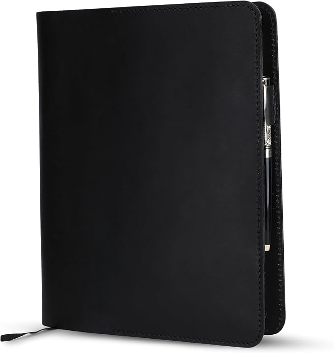XL Leather Journal Cover Black 7.5 x 9.5 Inch – Refillable Genuine Leather Cover for Composition Notebook, B5 Planner & Diary – Handmade Protective Travel Writing Case