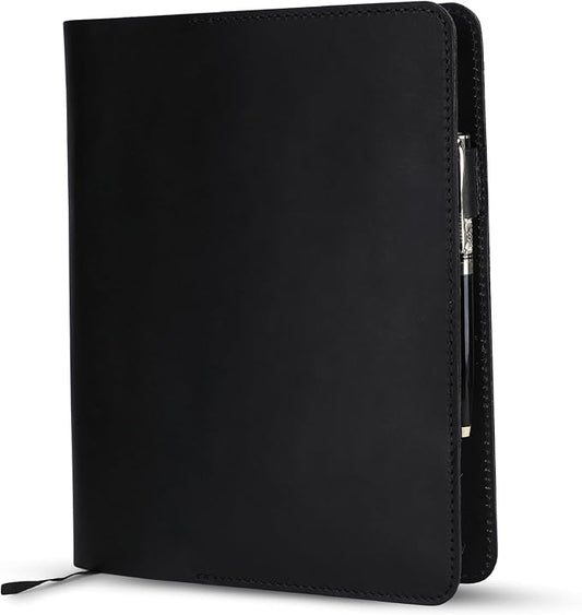 XL Leather Journal Cover Black 7.5 x 9.5 Inch – Refillable Genuine Leather Cover for Composition Notebook, B5 Planner & Diary – Handmade Protective Travel Writing Case