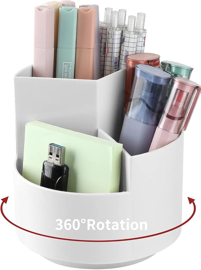 Desk Pencil Pen Holder, 3 Slots 360-Degree Spinning Organizers, Desktop Storage Stationery Supplies, Cute Cup Pot for Office, School, Art Supply, Kids - Gray
