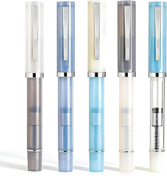 5-Pack Jinhao 58D Fountain Pen Set, Mixed Color 0.5mm Fine Nib Demonstrator | Transparent Resin Fountain Pens with Converter. Includes Pouch & Gift Bag. Ergonomic Design For Daily Office & School Use