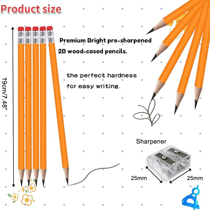 Adhere 25pcs Woodcase Pencils with Eraser Premium Pre-Sharpened Hexagon Graphite 2B pencils ideal for home, office writing including a Free Sharpener (Orange・25pcs)
