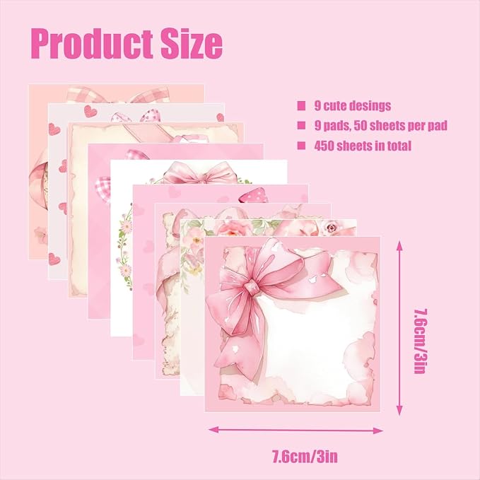 9 Pads Pink Bow Sticky Notes Set, Cute Self-Stick Notepads, Super Adhesive Memo Pads Note Card, Office Decor Gifts, Desk Accessories for Students, School Supplies for Girls, 3x3in
