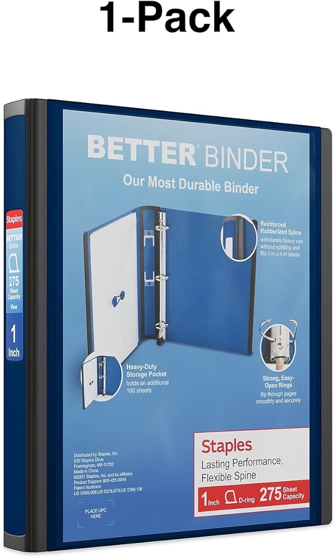 Staples Better Binder 1 Inch 3-Ring Binder, Navy Blue, Wide Spine View Binder with Locking Rings, Durable School & Office Binder, 3 Pack
