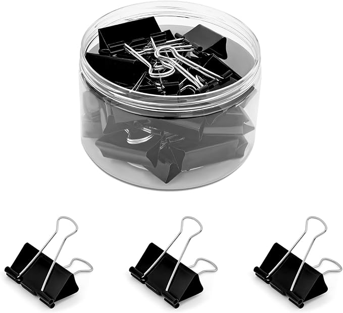 Temiary Binder Clips, Large Metal Binder Paper Clip Black 1.6 Inch, 24 Pcs | Paper Clamps with Clear Storage Container, Binding Paperwork Clamps for School Teachers Office Supplies