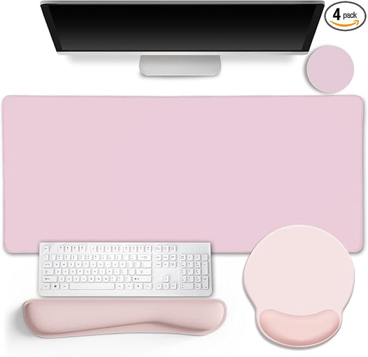LIMKRIAN Pink Desk Mat Set, Mouse Pad with Wrist Rest & Keyboard Support | XXL Desk Pad, Ergonomic Gel Wrist Rest Mousepad, Memory Foam Keyboard Support, Coaster, Home Office Gaming Desk Accessories