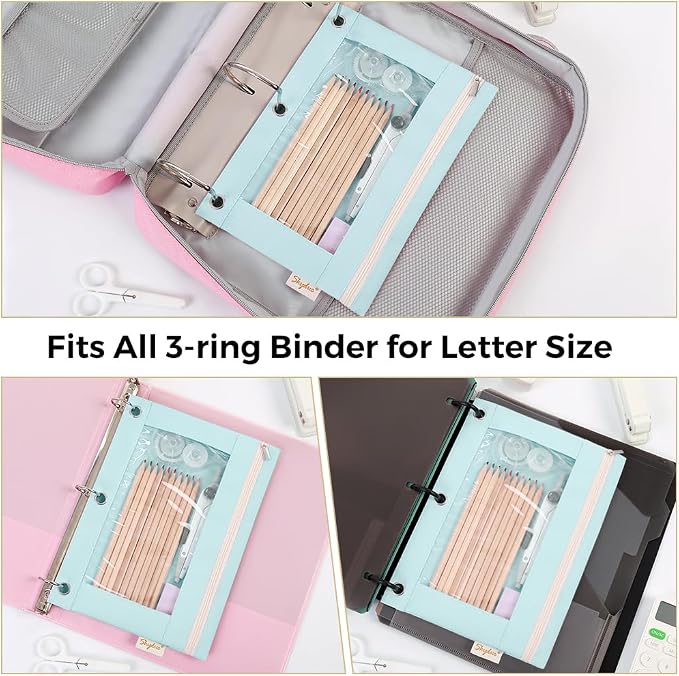 SKYDUE Pencil Pouches for 3 Ring Binder, Zipper Pencil Pouch for Girls Boys, Clear Window Pencil Bag, 3 Ring Pencil Pouch Case for Binder, Durable Organizer for School Supplies