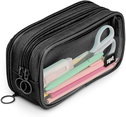 ZIPIT Half & Half Pencil Case, 3 Compartment Zipper Pouch for School, Stationery Bag for Teen Girls Boys and Adults, Black