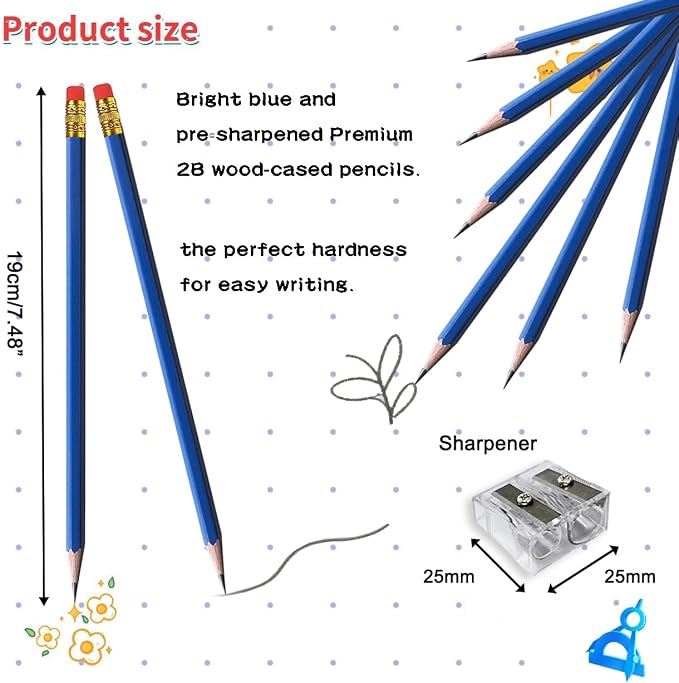 Adhere 25pcs Woodcase Pencils with Eraser Premium Pre-Sharpened Hexagon Graphite 2B pencils ideal for home, office writing including a Free Sharpener(Navy Blue・25pcs)