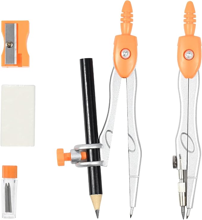 Unjoo Geometry Set 10 Pcs Student Supplies, Protractor and Compass (Orange） | Shatterproof Storage Box,Rulers,Protractor,Compass,Eraser,Pencil Sharpener,Lead Refills,Pencil,for Classroom, Back to School