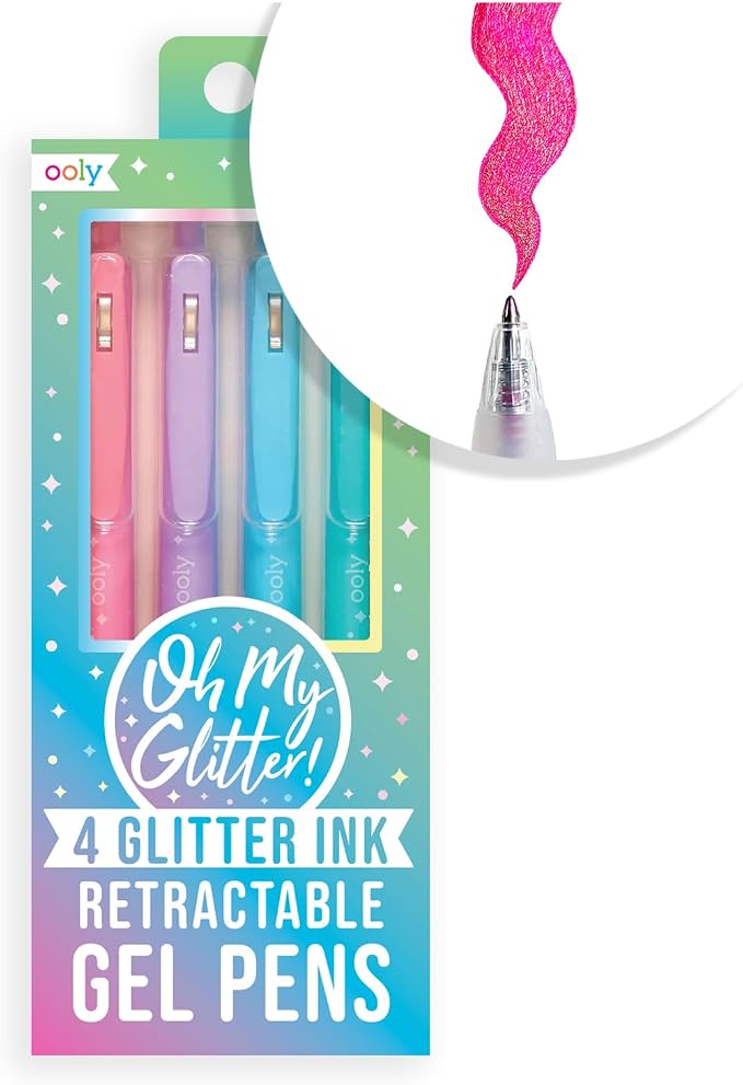 Ooly Oh My Glitter Gel Pens, Set of 4, Retractable | Ages 6+, Retractable, Cute School and Art Supplies for Girls, Planner Pen with Comfort Grip, for Decorations and Office Use