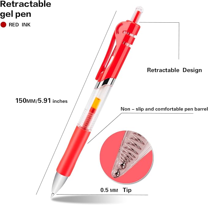 30pcs Red Gel Ink Pens for Writing, 0.5 mm Pens Fine Point Smooth Writing Pens for Journaling, Bulk Retractable Rollerball Pens for School Office.
