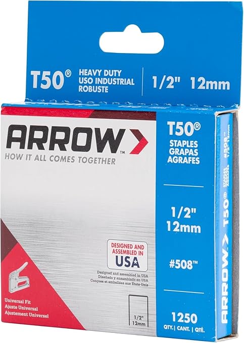Arrow 508 Heavy Duty T50 1/2-Inch Leg Length, 3/8-Inch Crown, Staples for Upholstery, Construction, Furniture, Crafts, 1250 Count(Pack of 1) | Heavy Duty, For Upholstery, Construction, Furniture, Crafts, Fit Arrow T50 Staple Guns, Hammer Tackers and Pn...