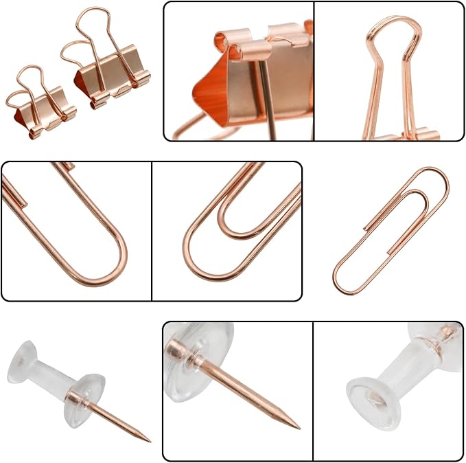 Office Supplies Set, Paper Clips, Push Pins and Binder Clips Set with Box for Office, School and Home(Rose Gold)