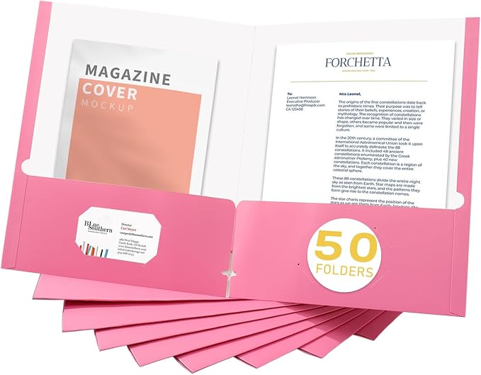 Zzrywuty File folders with Pockets,Pink Two folders for documents,50 Pack Paper Folders with Card Slot,Letter Size,School Students,Business,Home and Office Workers
