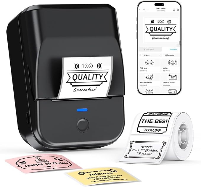 PM240 Label Maker Machine with Tape, Label Printer Black, Set 1 | 2'' Bluetooth Thermal Sticker Label Maker for Small Business, Home, School, Office Safety Label Maker with Multiple Templates