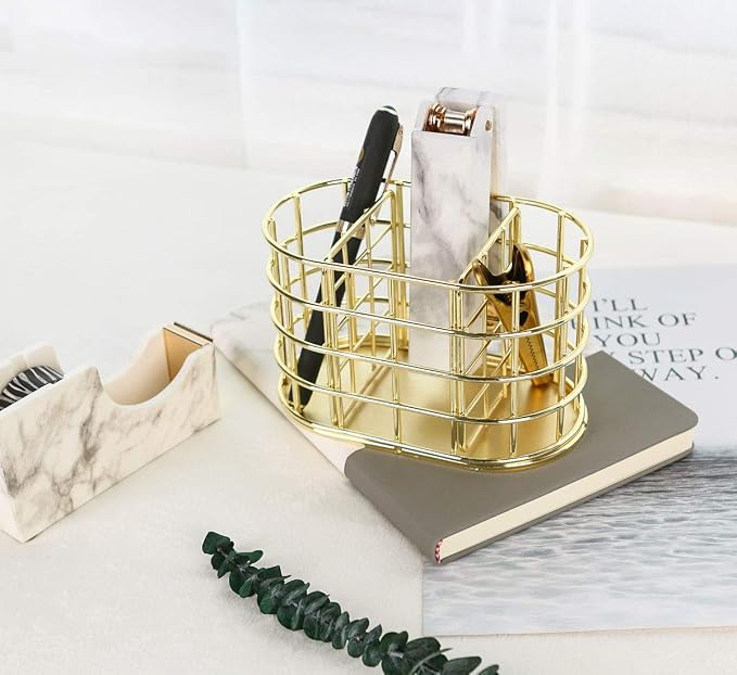 Pen Holder, 3 Compartment Metal Pencil Holder Stationery Organizer, Decorative Desktop Storage Holder for Office Supplies, Gold