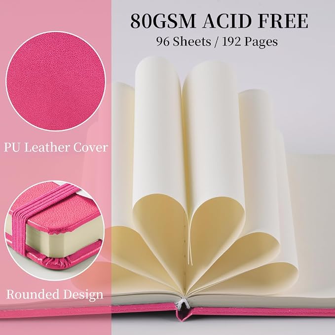 5x5" Pocket Sketch Book,80gsm Hardcover Art Sketchbook for Drawing Journal | PU Cover,Blank Paper,96Sheets/192Pages,Lay-Flat,Portable Travel Creation Paint Diary Memo Planner,Dry Media.Rose Pink