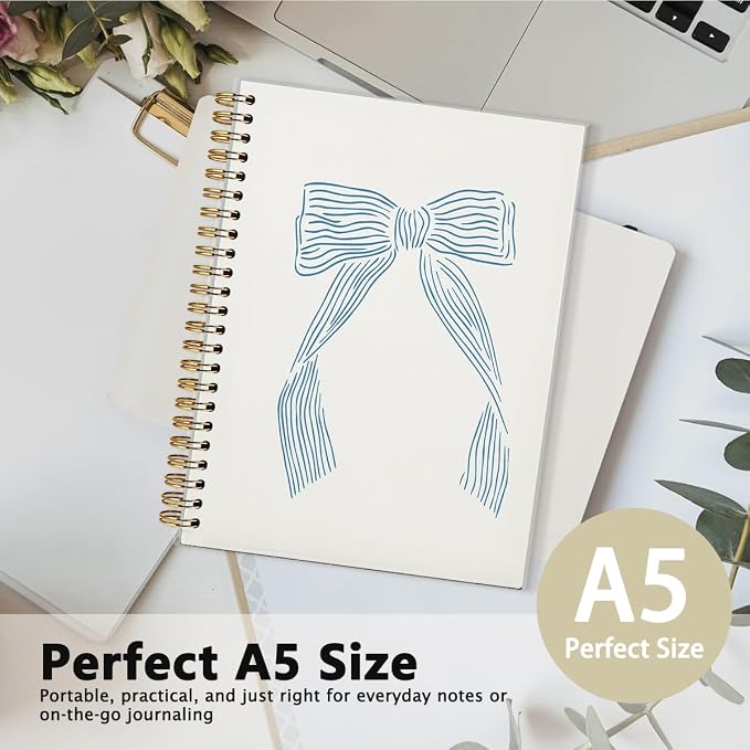 Cute Journal Blue Bow Notebook, Coquette School Supplies Spiral Notebook, Coastal Granddaughter Aesthetic Hardcover Spiral Notebook Journal for Work Notes Journaling, Coastal School Supplies 5.5x8.3