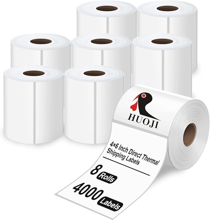 4000 4x6 Thermal Shipping Labels 500/Roll, HUOJI 4x6 Thermal Labels Roll Compatible with Rollo, Zebra, MUNBYN Printers, Commercial Grade(FBM)