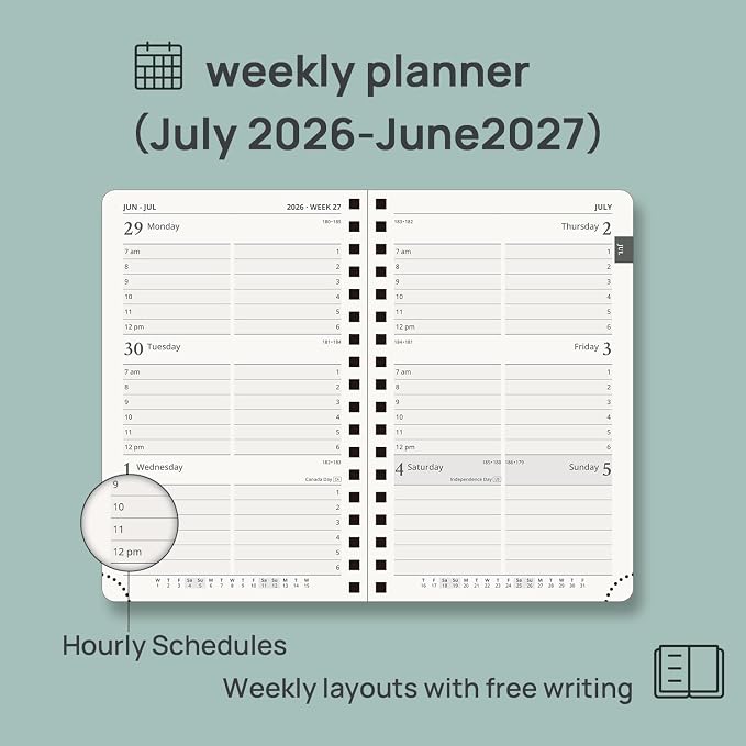 POPRUN Pocket Calendar 2026-2027,6.5" x 3.5" Pocket Planner | Jul 2026-Jan 2027 Small Planner for Purse,Inner-Pocket Weekly Planners with Hardcover, Tabs, Ruler, Pen Loop- Pacific Green