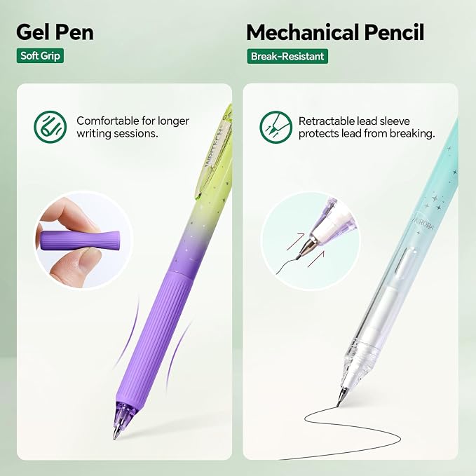 WRITECH Gel Pens Journaling Highlighters: Green Journal Set Assorted Pastel Color 0.5mm&0.7mm Fine Point Retractable Black Ink Pen Mechanical Pencil Smooth Writing Drawing 8ct