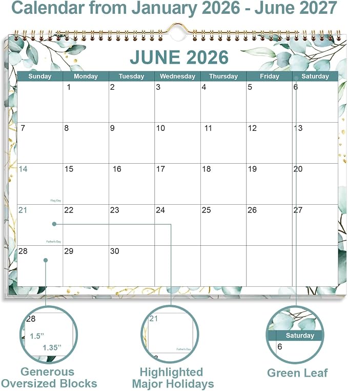 2026-2027 Calendar - Calendar 2026-2027 from July 2026 - December 2027, 18 Months Calendar with Premium Paper, Twin-Wire Binding & Hanging Hook, 8.5" x 11", Leaf