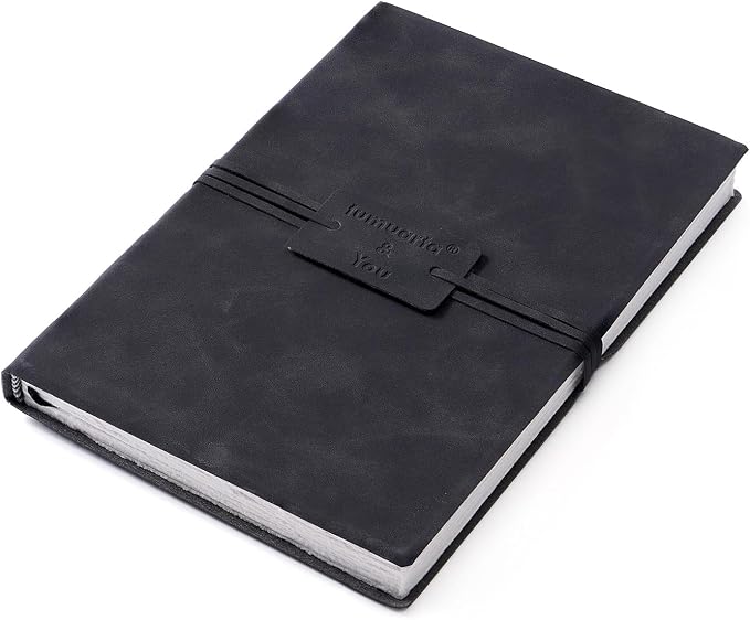 tumuarta Deckle Edge Watercolor Paper Sketchbook, 100% Cotton Vintage Leather Journal, 140 Lb, 300 GSM, 24 Sheets Handmade Diary for Mixed Media Techniques. (Black, 7.5"x5")