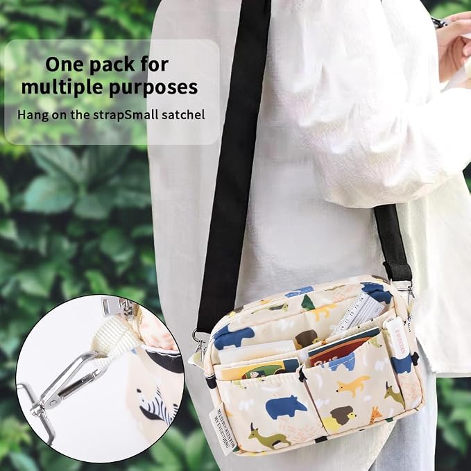 E-WEICHEN Multiple Pockets Portfolio Organizer with Zippered, Makeup Bag Travel Essentials for Women, Simple Waterproof Stationery Pencil Pouch Bag for Journal Office Art Supplies.Beige Animals
